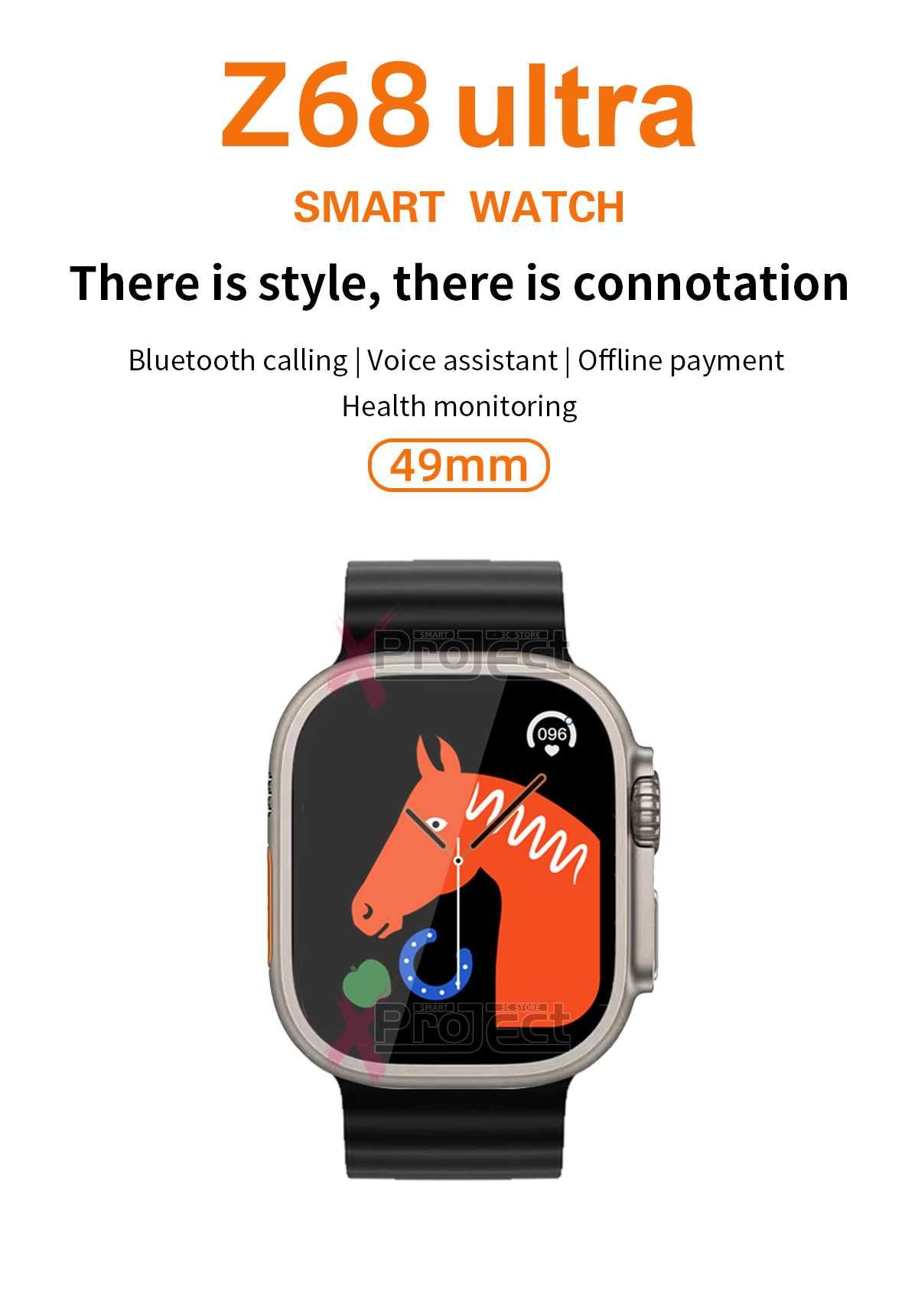 Z68 Ultra Smartwatch - Black/Orange/Grey - Durable & Style - €35