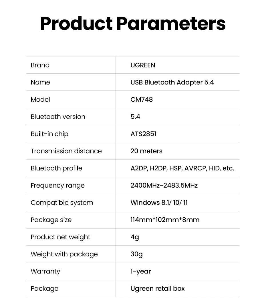 Ugreen Bluetooth 5.4 USB Adapter CM748 блютус адаптер