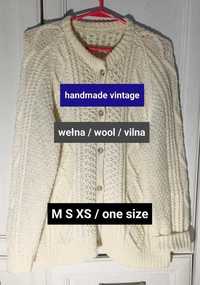 M S XS one size oversize kremowy wełniany kardigan vintage warkocze