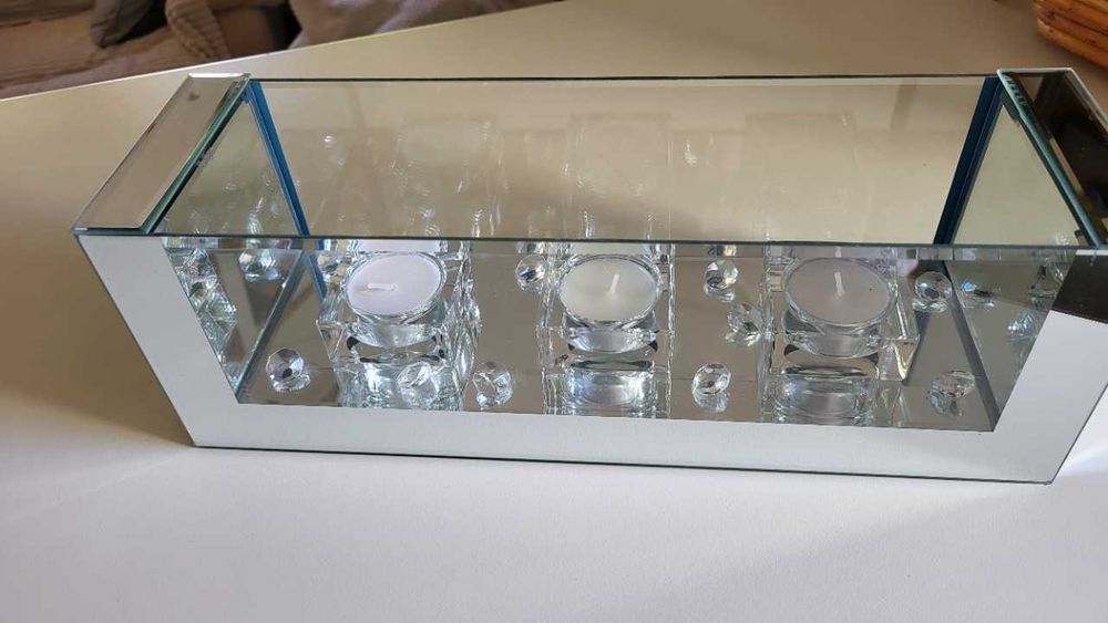 Świecznik tealight, glamour, szklany/lustrzany z dużymi kryształkami