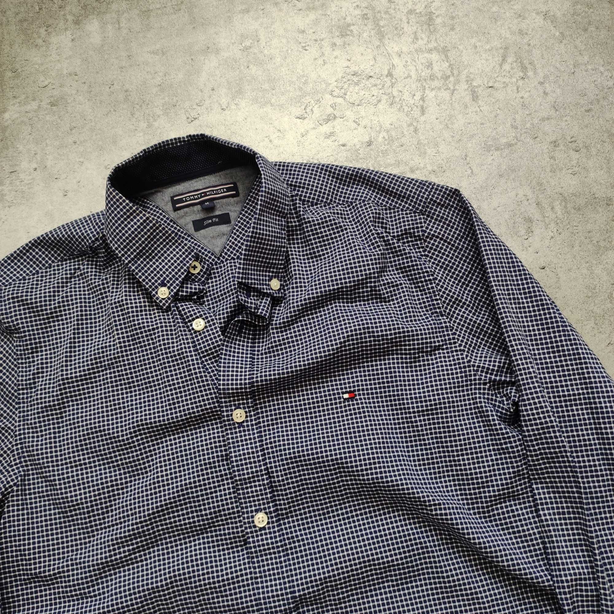 MĘSKA Elegancka Bawełna Koszula Kratka PREMIUM Granat Tommy Hilfiger