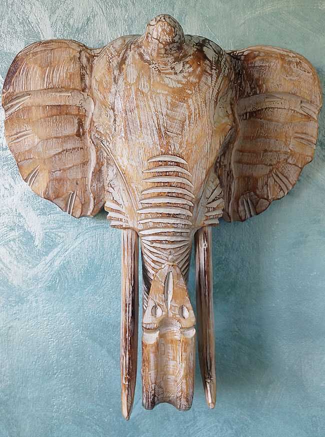 Rzeźba Maska Głowa SŁOŃ z Drewna Litego - Rękodzieło 50x42cm