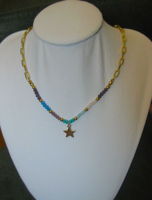 Colar Aço Dourado e Contas de Vidro Facetadas Coloridas NOVO - SALDO