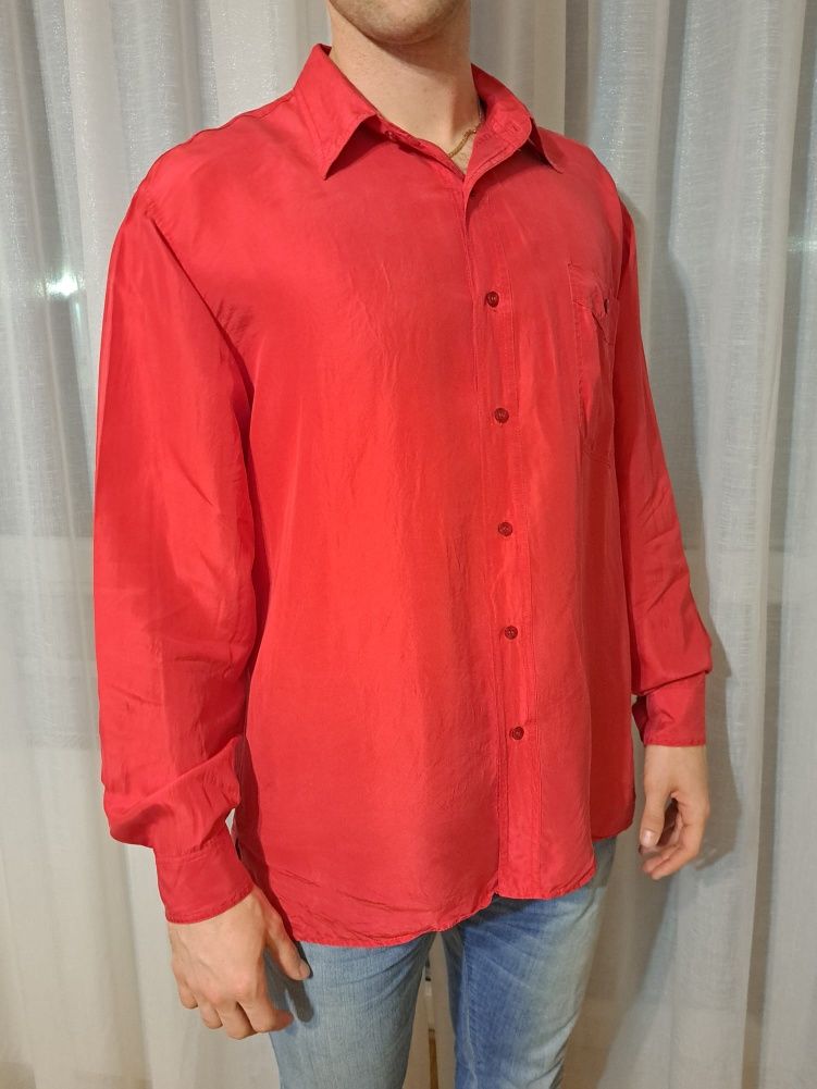 Koszula męska, jedwabna, gładka, vintage, XL, czerwona, silk