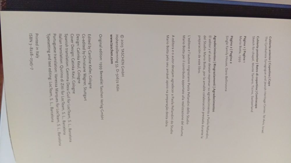 Livro de arquitetura de Arq .Mario Botta,  editora Taschen 1999