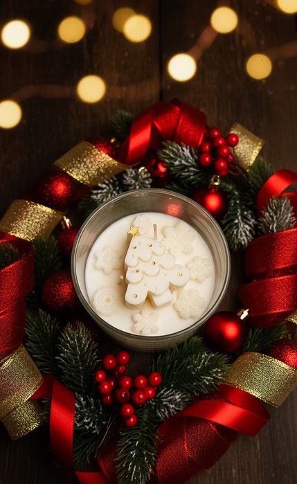 Świeca sojowa duża zamykana z choinką / śnieżynkami świateczna