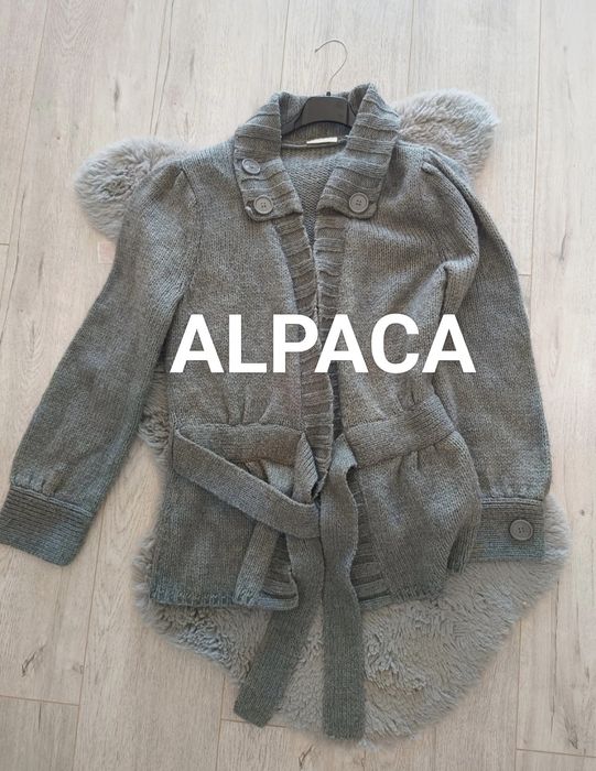 Sweter M kardigan wiązany szary oversize alpaka ciepły zimowy jesienny