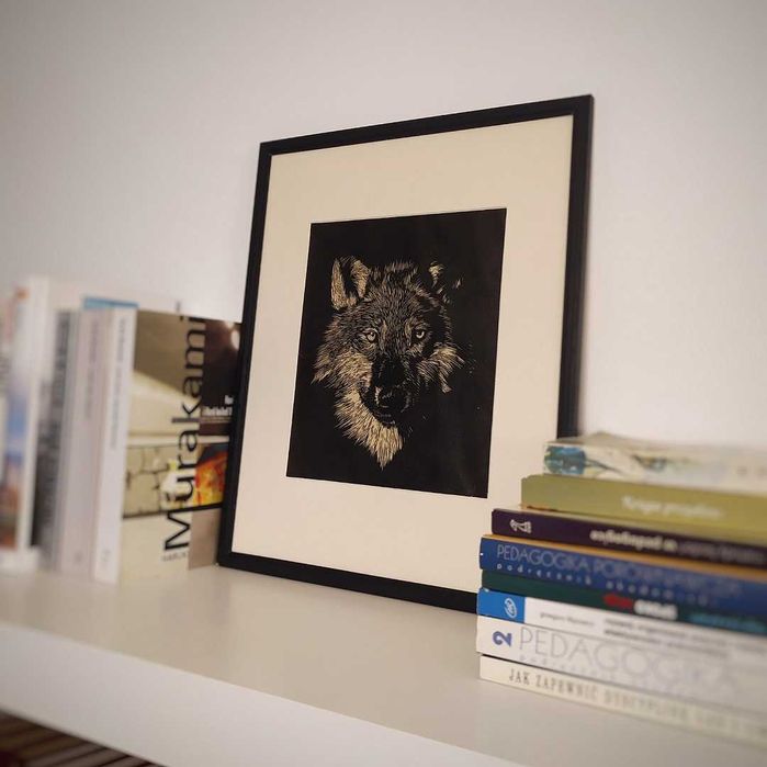 Wilk, owczarek, Linoryt, ilustracja - oprawiony w passe-partout