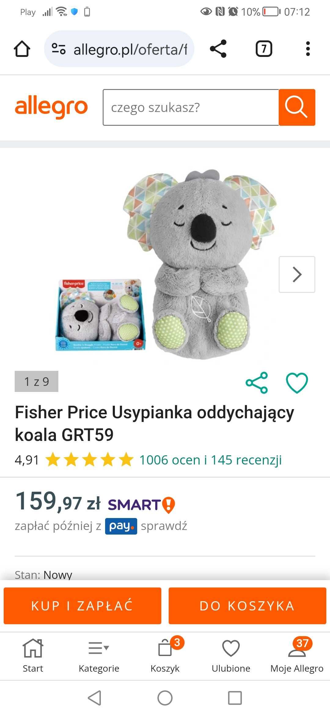 Fisher Price szumis usypianka oddychający koala GRT59