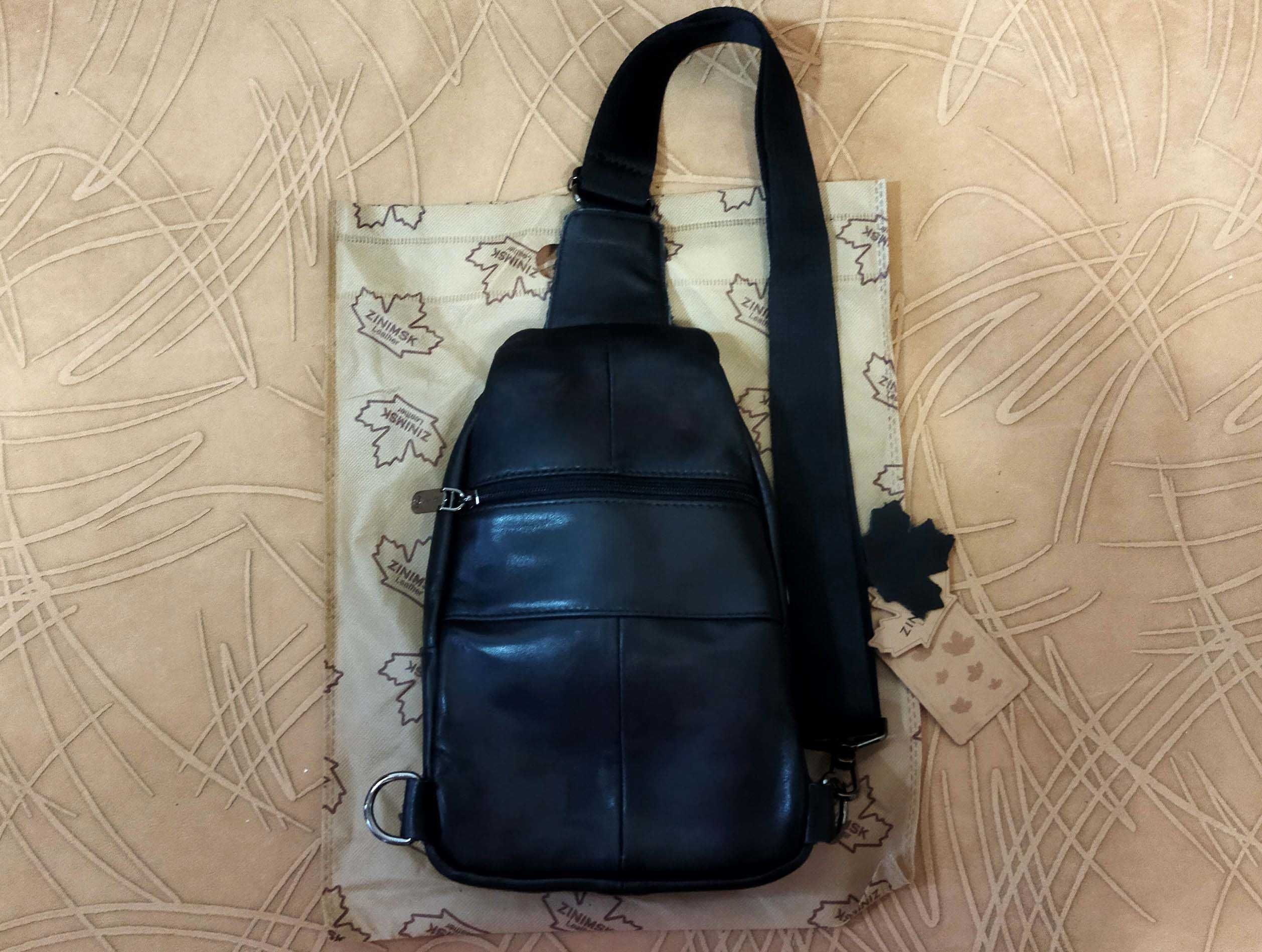 Мужская нагрудная сумка-слинг, кожа (рюкзак с одной лямкой).2500