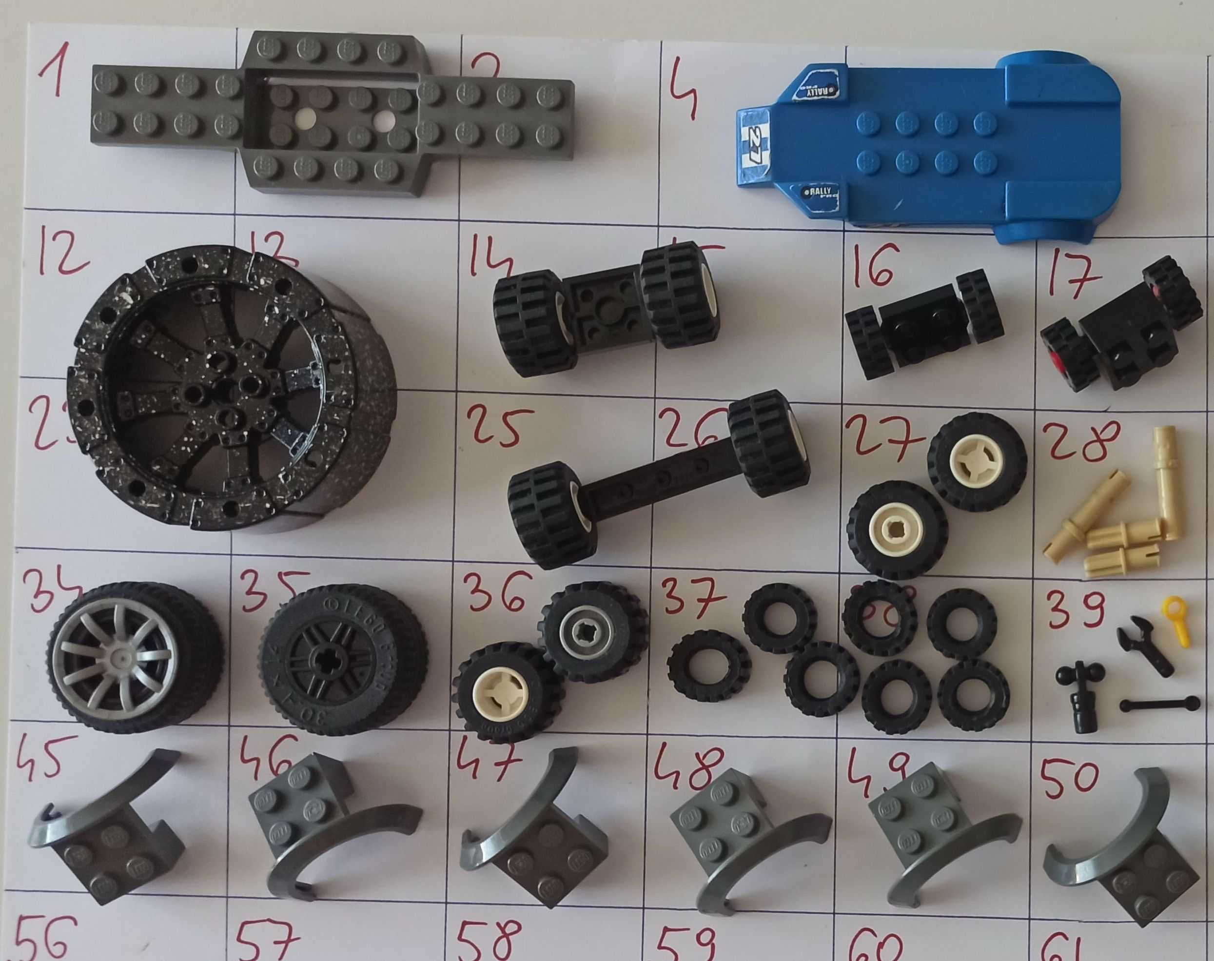 klocki LEGO części do samochodów koła nadwozia opony nadkola łączniki