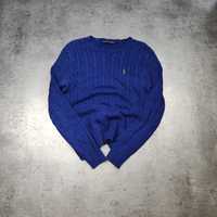 DAMSKI Sweter Premium Niebieski Bawełna Polo Ralph Lauren Warkocz Haft