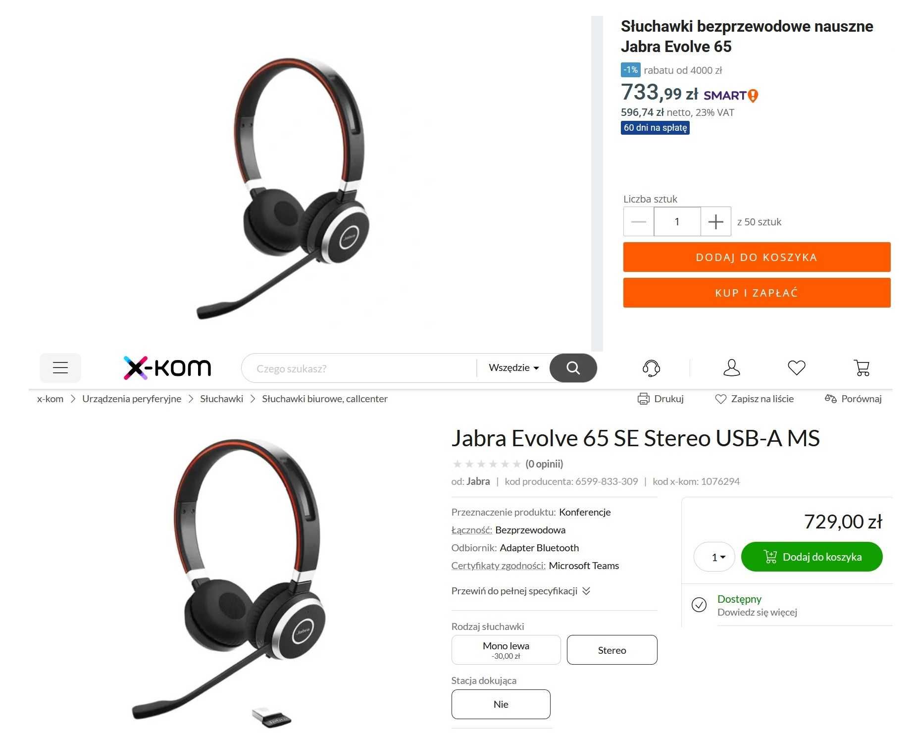 Słuchawki Bluetooth Jabra Evolve 65 SE Stereo duo USB-A NOWE GW 24 !