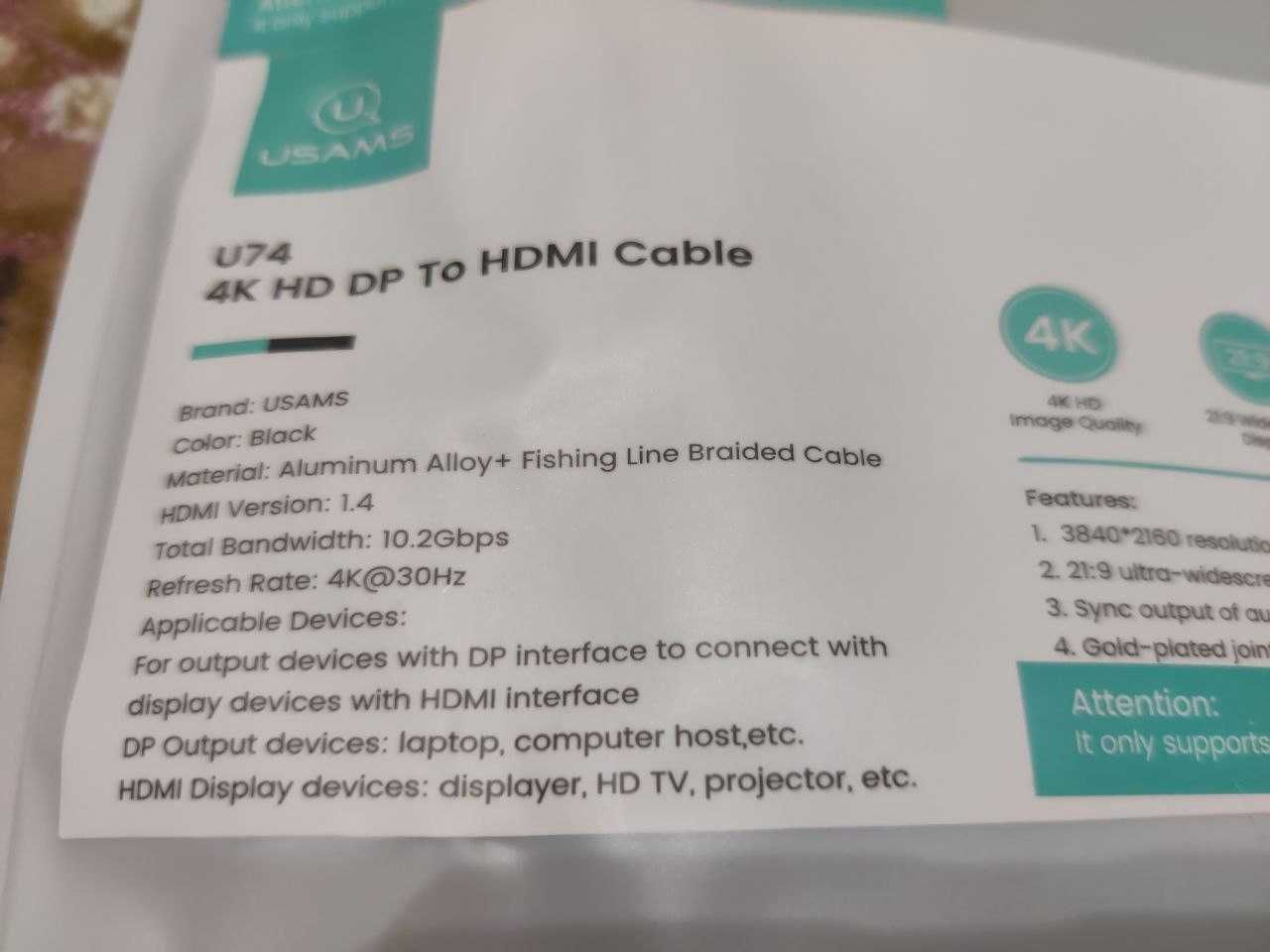 Кабель Display Port to HDMI v1.4 USAMS US-SJ530 U74 4K 2 m Black