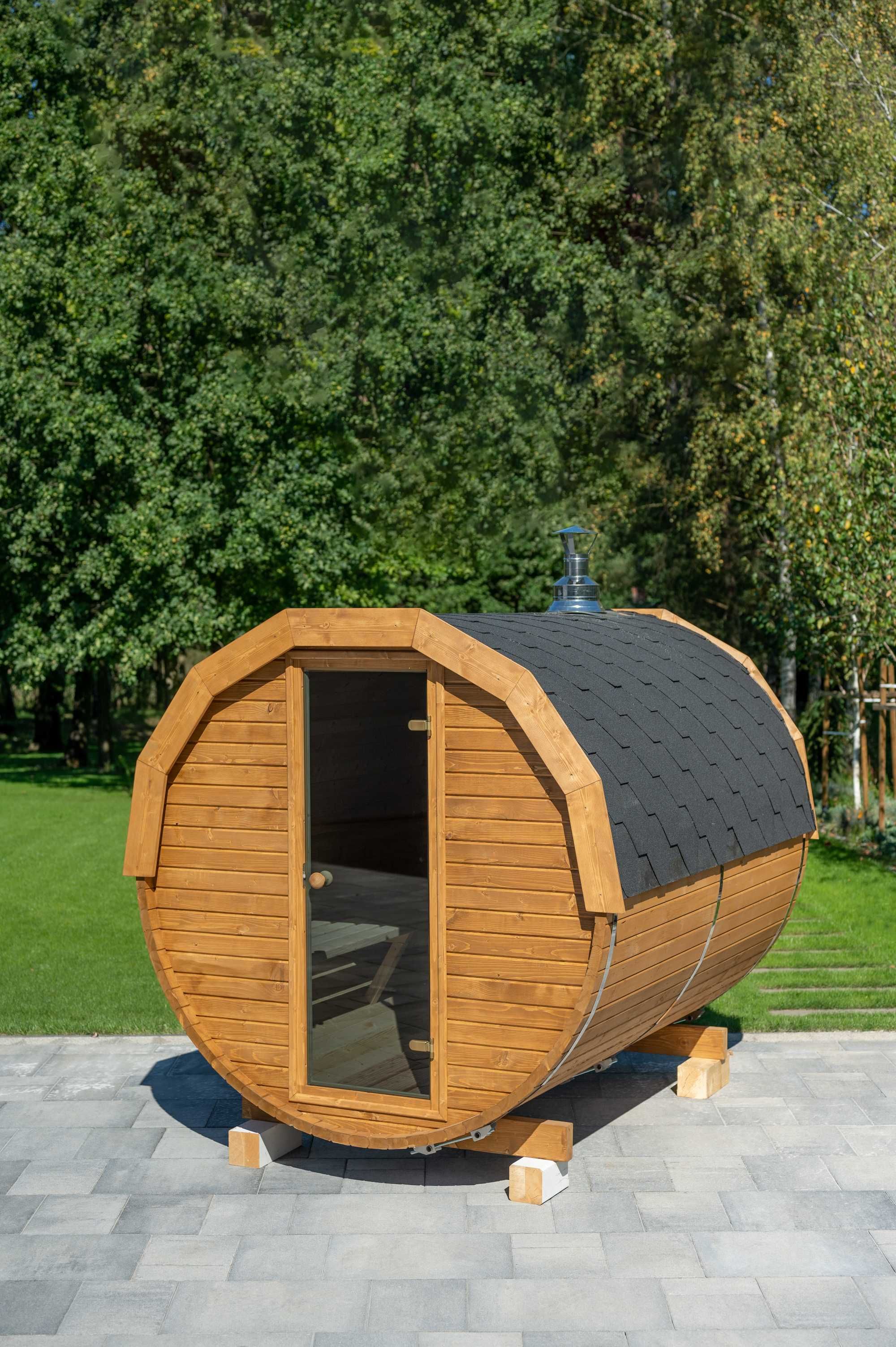 Sauna ogrodowa Beczka Ruska Bania 200 x 250cm, dobierz piec i dodatki!