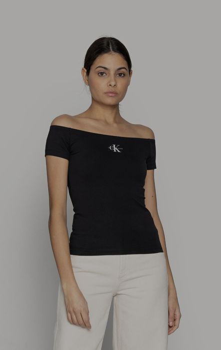 Calvin Klein Jeans MONOGRAM SLIM BARDOT TOP - T-shirt z nadrukiem r.M