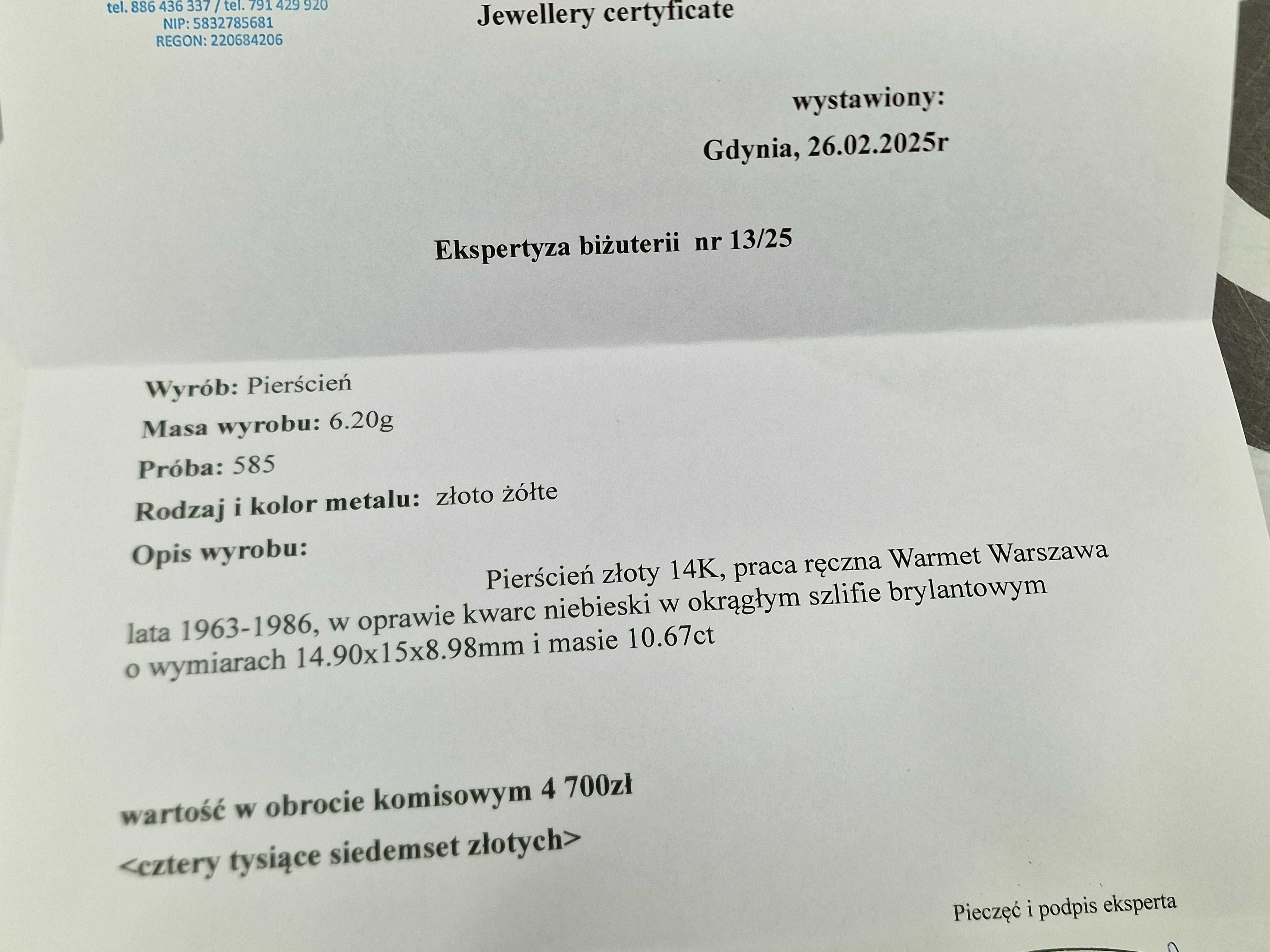 WARMET! Złoty pierścionek/ 585/ 6.26 gram/ R14/ Kwarc 10.67 CT/ wycena