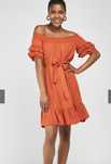Vestido Cor Tijolo Ombro a Ombro com manga e folho - M