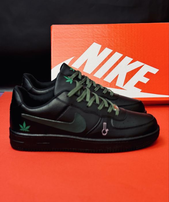 Nike Air Force 1 AFM-420 Black Edition с принтом марихуанны. Найк Форс