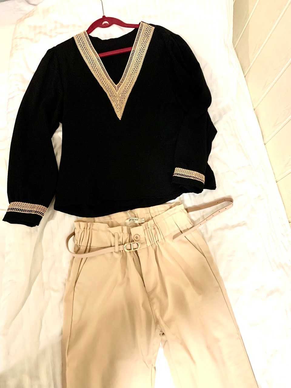 Elegancki beżowo-czarny komplet spodnie i marynarka w rozmiarze L