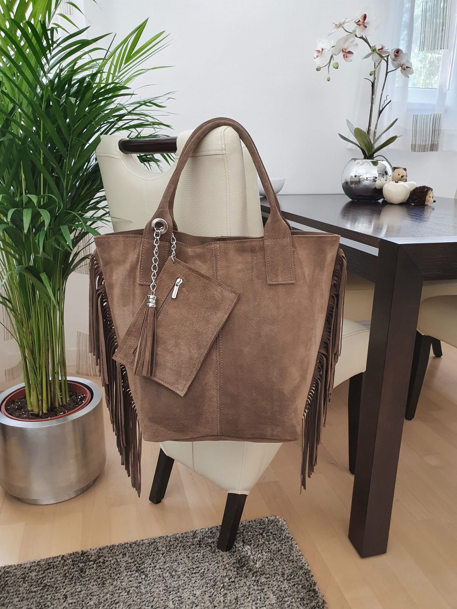 VERA PELLE torebka damska zamszowa shopper z frędzlami V460 taupe