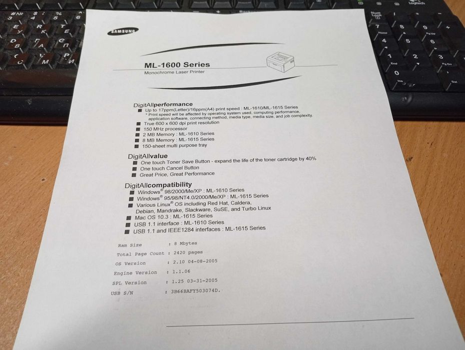 Лазерний принтер Samsung ML-1615, малий пробіг, заправлений 100%