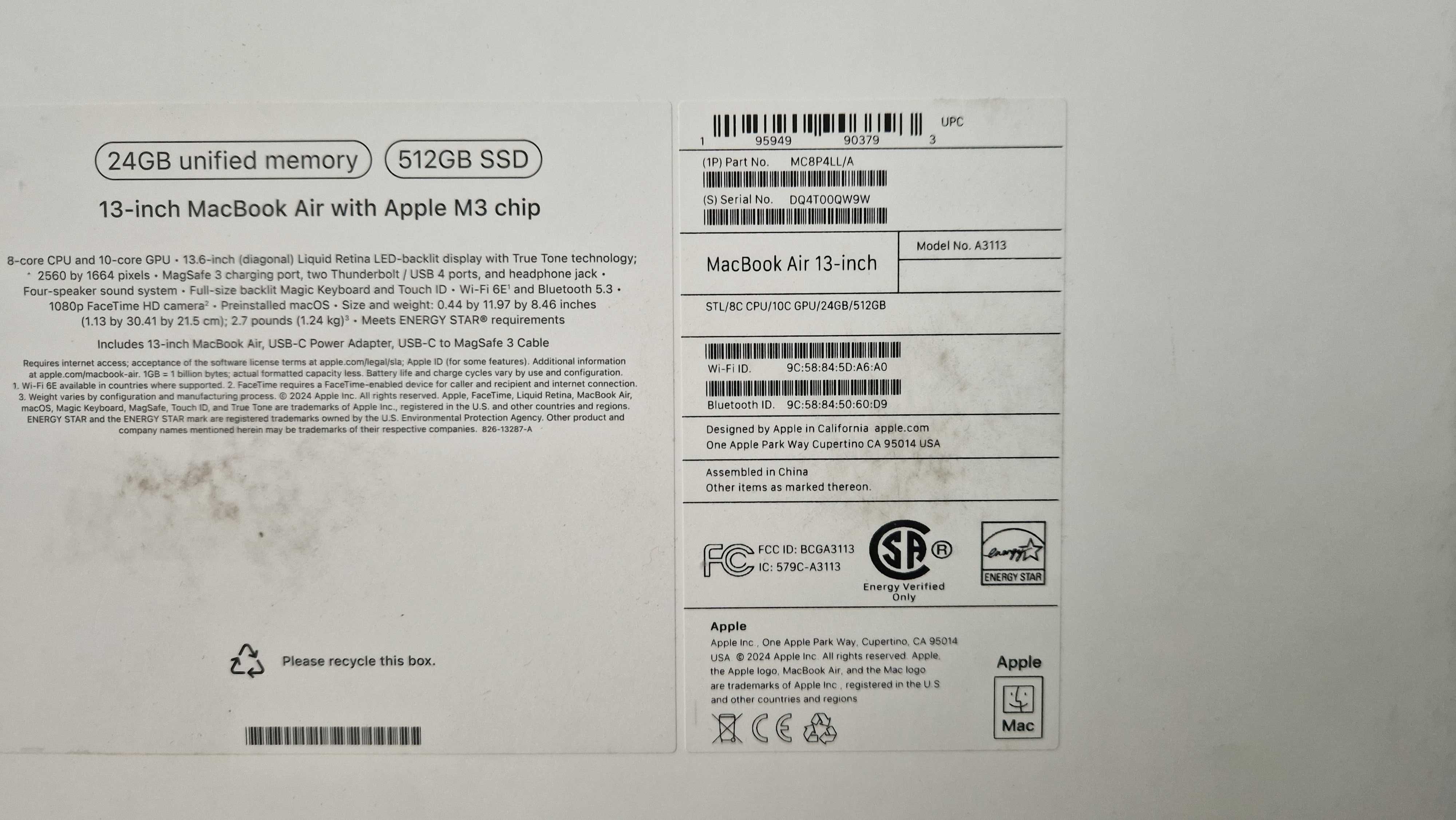 Macbook Air 13 cali, Apple M3 chip, 24GB RAM, 512 SSD Model 2024 A3113