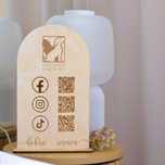 Tabliczki stand ze sklejki do biura, recepcji, sklepu z logo, QR firmy