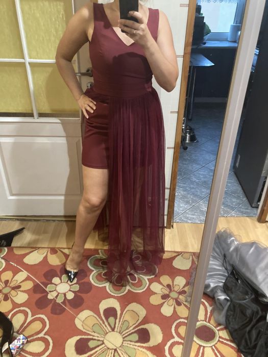 Sukienka na wesele bordowa krótka i długa tiul