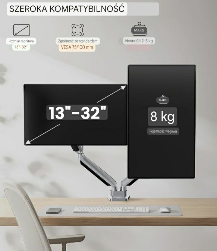Uchwyt do 2 monitorów 13-32 " max 8 kg firmy ErGear alu