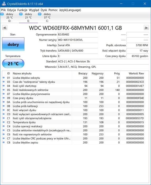 5x Dysk HDD WD Red 6TB 3,5" WD60EFRX