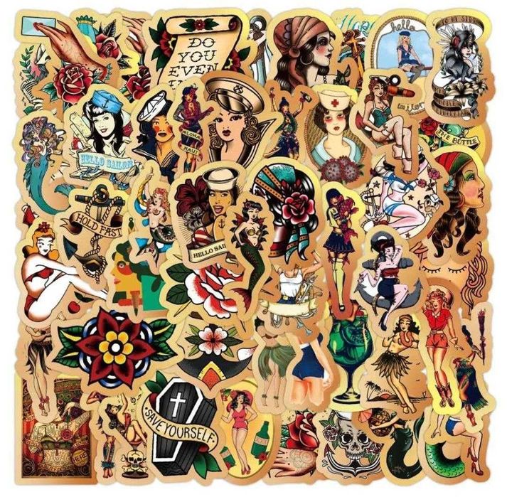 Наклейки стикеры «Олдскул Тату», Пин-ап, моряки, винтаж  50 шт.