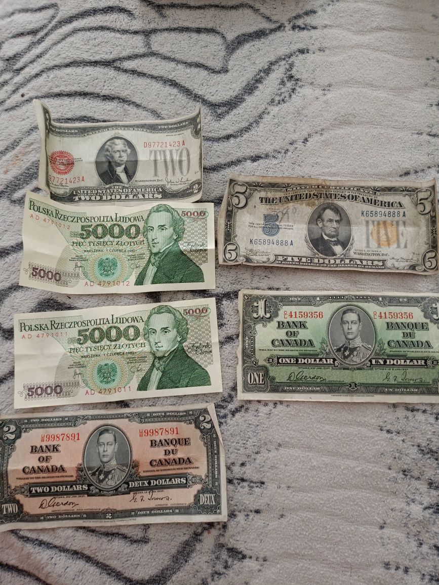 Zestaw 5 banknotów kolekcjonerskich – USA, Kanada, PRL