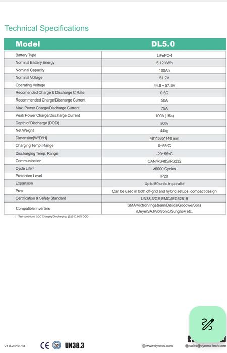 Bateria Dyness 5.12KWh Lítio 5120Wh rack 48V