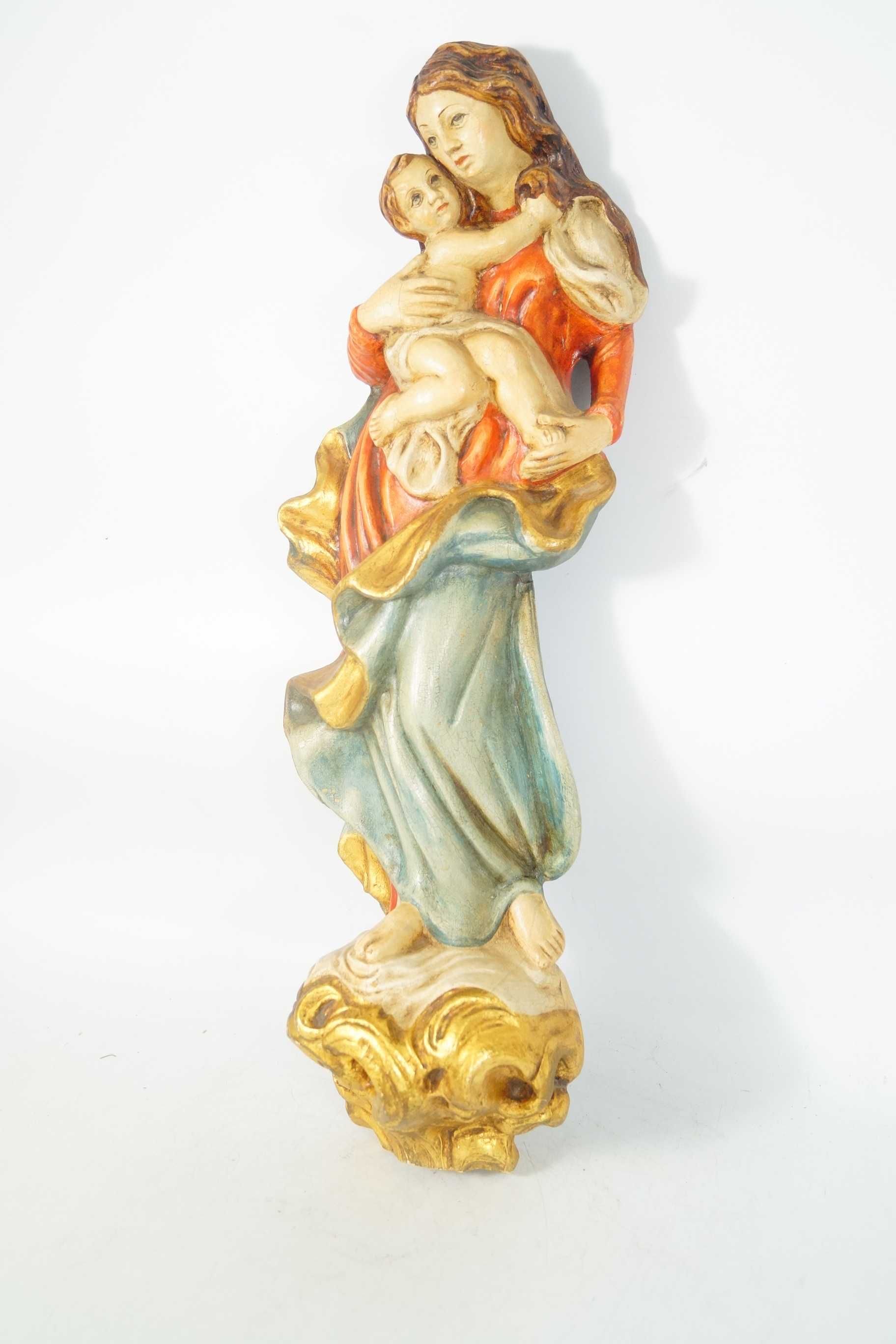 FIGURA DREWNIANA rzeźba Matka Boska z Dzieciątkiem polichromia