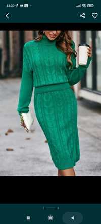 Komplet dzianinowy sweterek i spódnica zielony nowy piękny