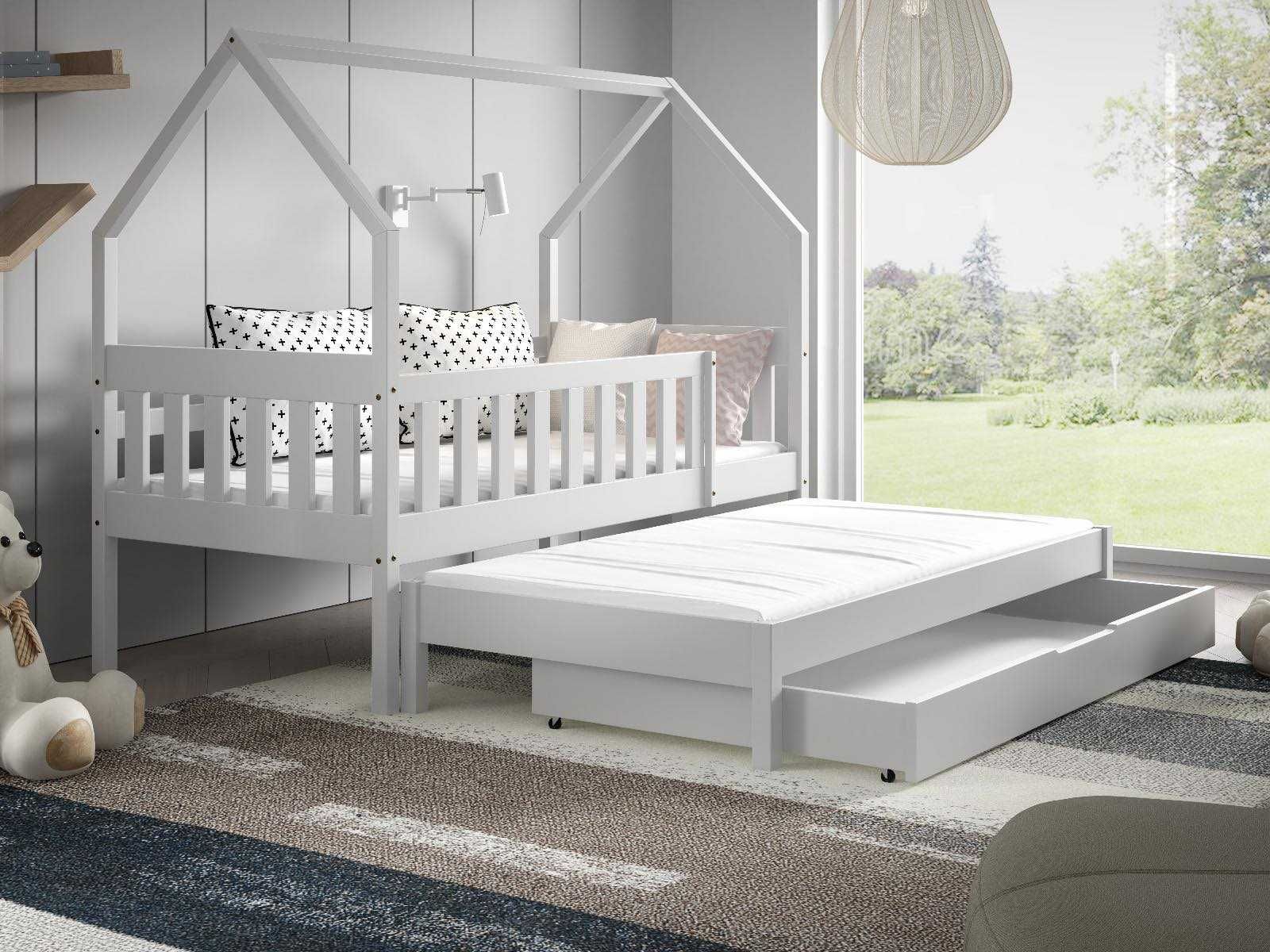 Sosnowe łóżko dziecięce LUNA 2 z wysuwanym spaniem + materace