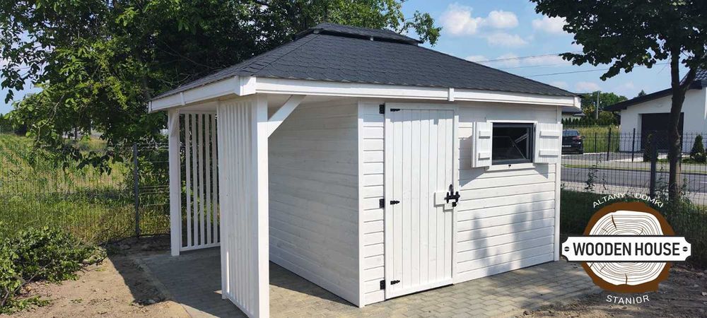 Domek narzędziowy "Świerk z Drewutnią" 3 x 4 biały domek