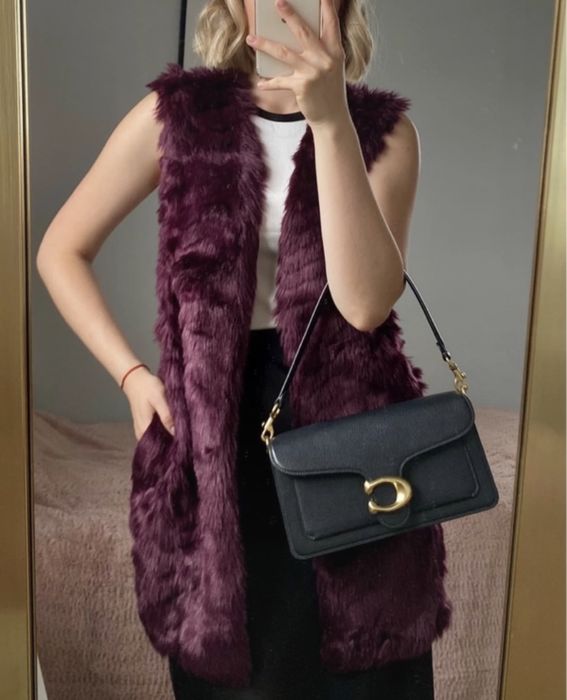 Bordowe śliwkowe futerko kamizelka futro bezrekawnik pleciony S