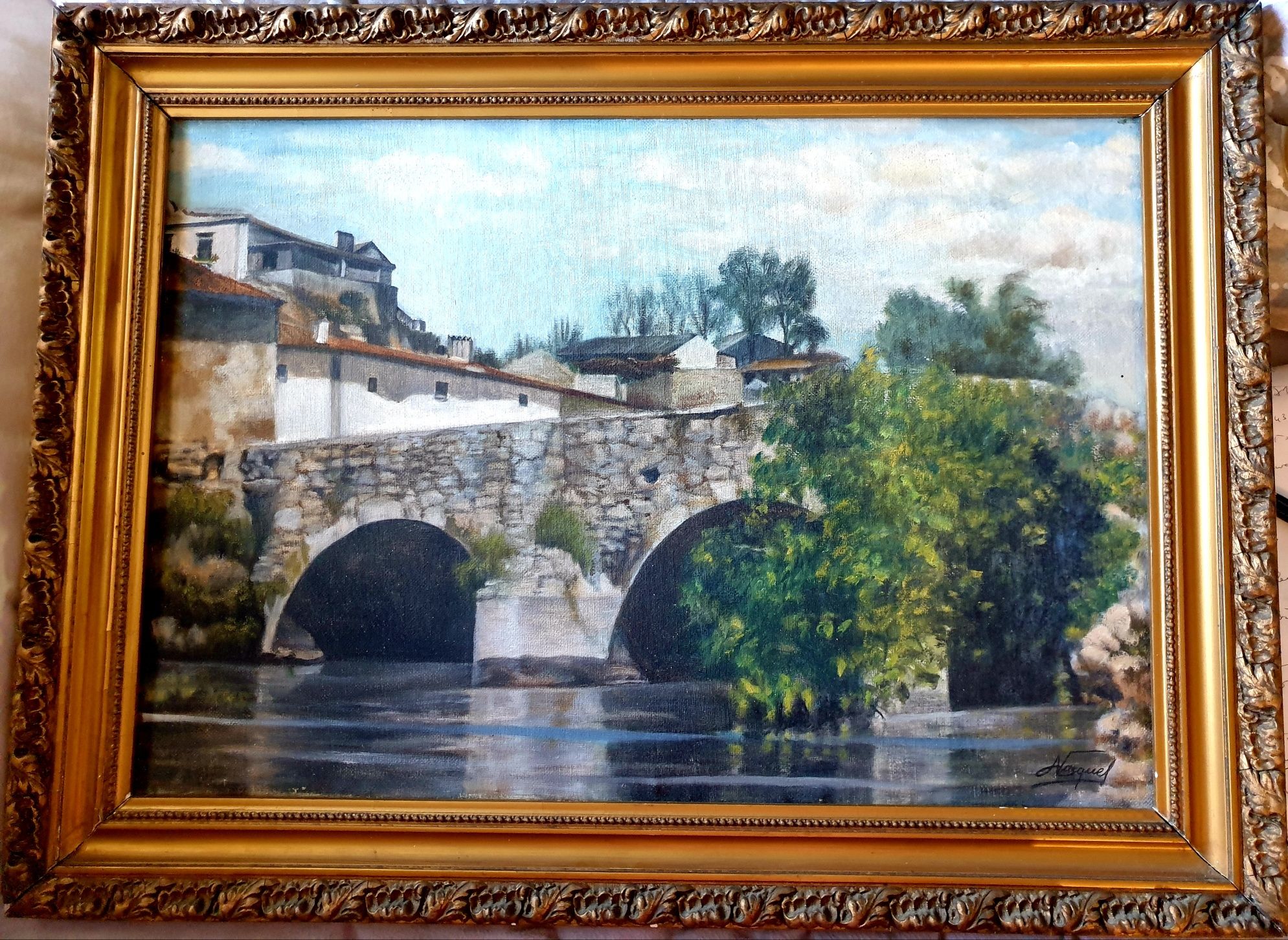 A. Vasques - paisagem fluvial com ponte  pintura em óleo sobre tela