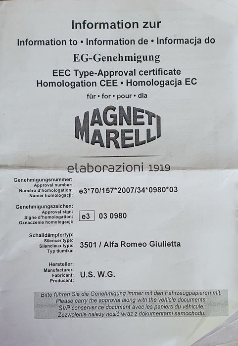 Panela Escape Alfa Romeo Giulietta Marelli SS900T