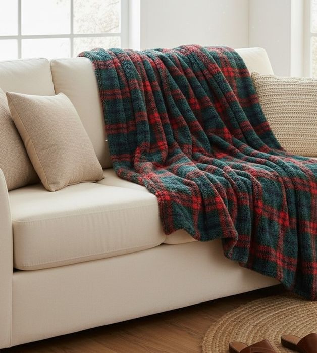 Manta polar xadrez vermelho e verde