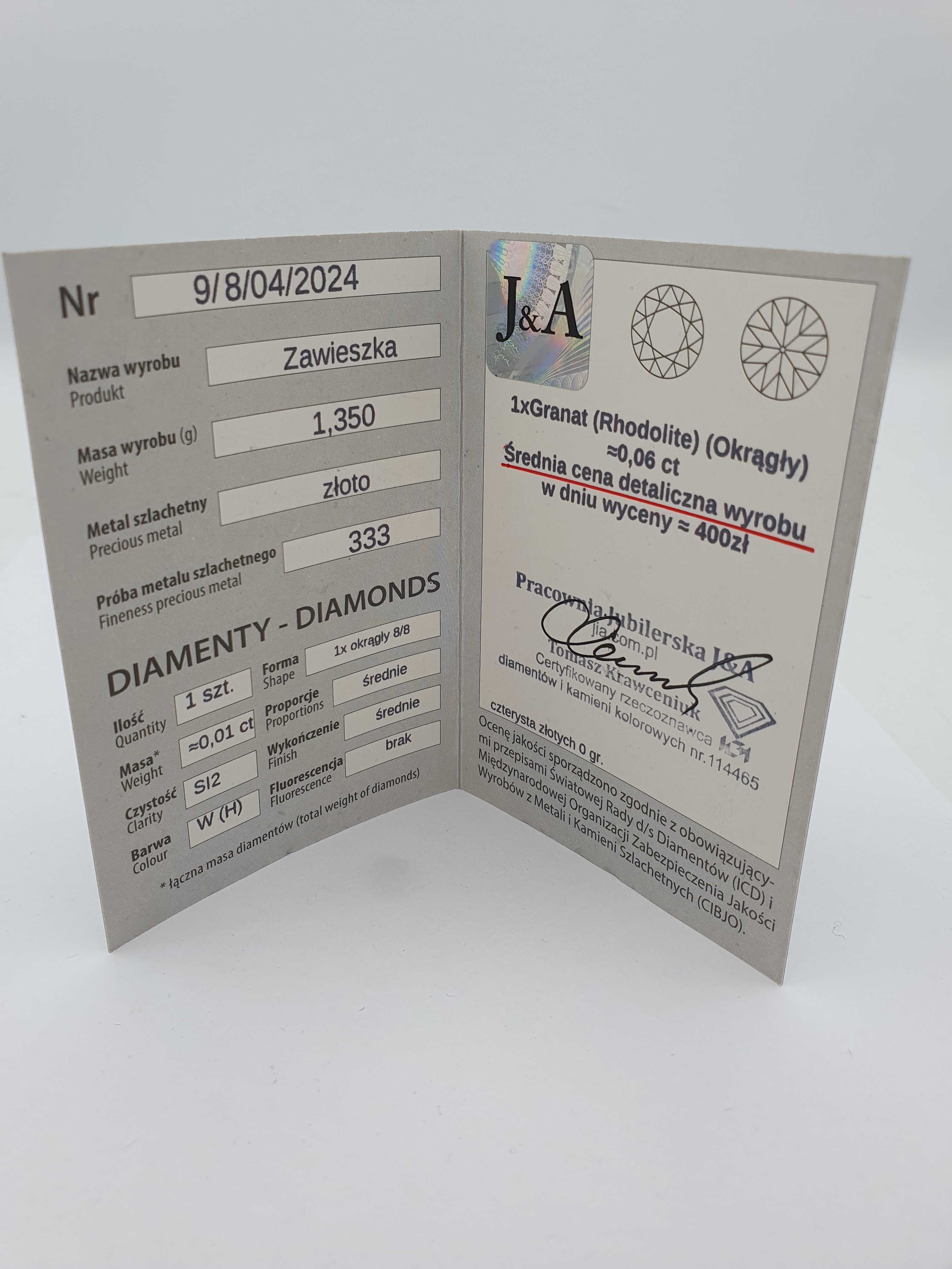 Złota zawieszka z diamentem i granatem P: 333 / G: 1,35