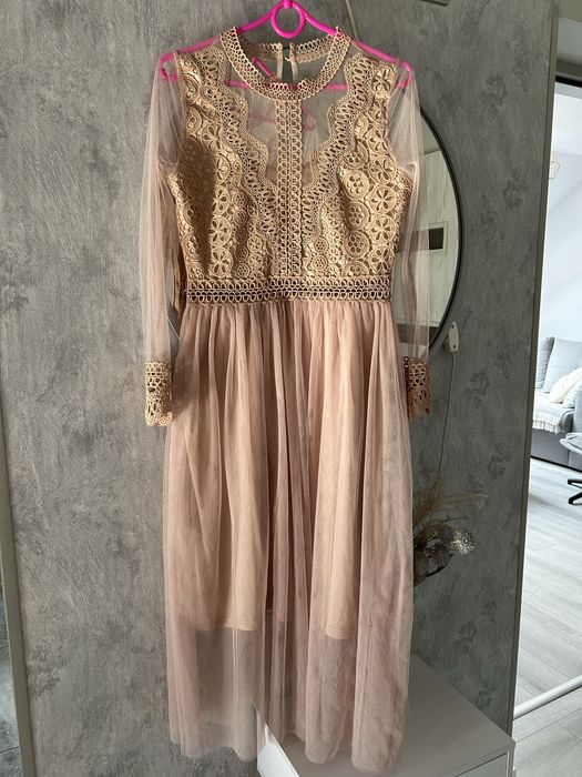 Sukienka na wesele, koronka, tiul beżowa roz M