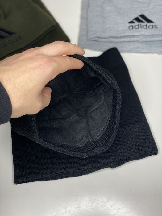 Мужская ШАПКА+БАФ ADIDAS з помпоном на флисе Зимний комплект утепленны