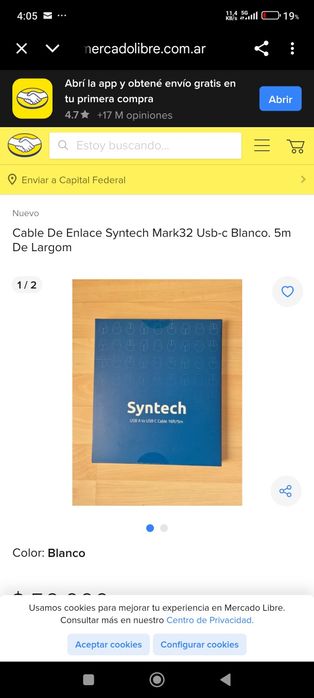 Cabo de ligação USB-C branco Syntech Mark32. 5 m de comprimento