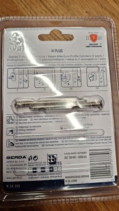 Wkładka, zamek do drzwi Gerda podwójne góra i dół