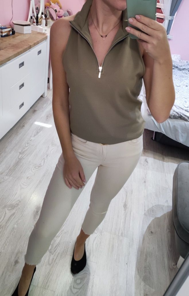 Nowa bluzka bez rękawów z zamkiem top khaki gestuz L elegancka