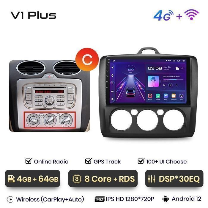 Radio nawigacja Ford Focus 2 mk2 2004 - 2011 Android Carplay 4GB 64G C