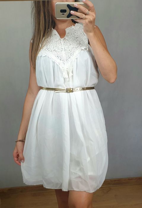 Letnia biała sukienka, ażurowa L